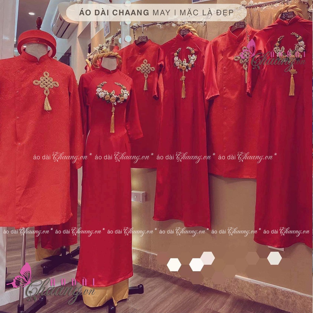 Áo dài hoa CHAANG May áo đỏ truyền thống đính hoa ruy băng vàng đồng, vải lụa