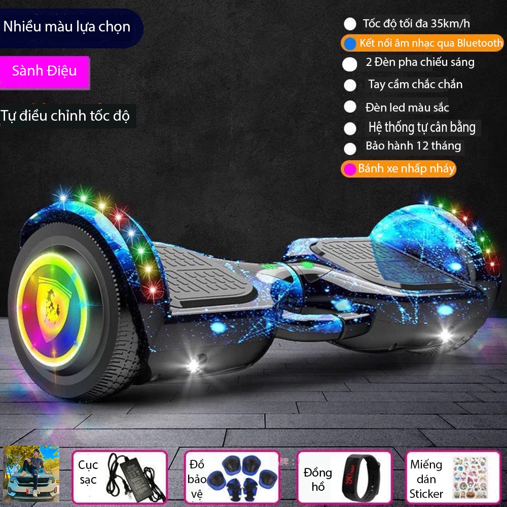 Xe Điện tự Cân Bằng 2 bánh lớn 6.5 inch Đèn LED, Đèn Pha Kết nổi Bluetooth tặng Điều khiển + Miếng bảo vệ + Đồng hồ LED