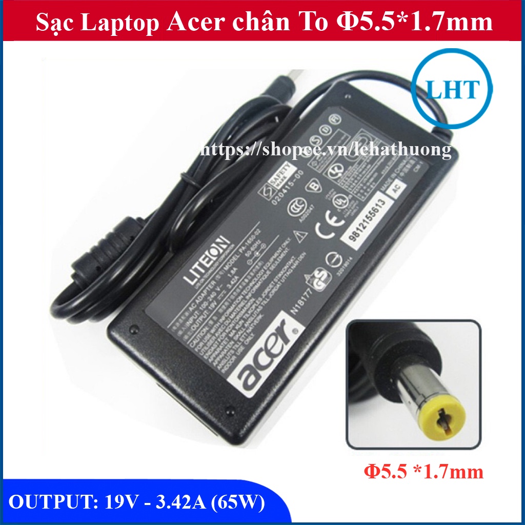 Sạc Laptop Acer 19v 3.42a (65w) chân thường to đường kính đầu sạc 5.5mm