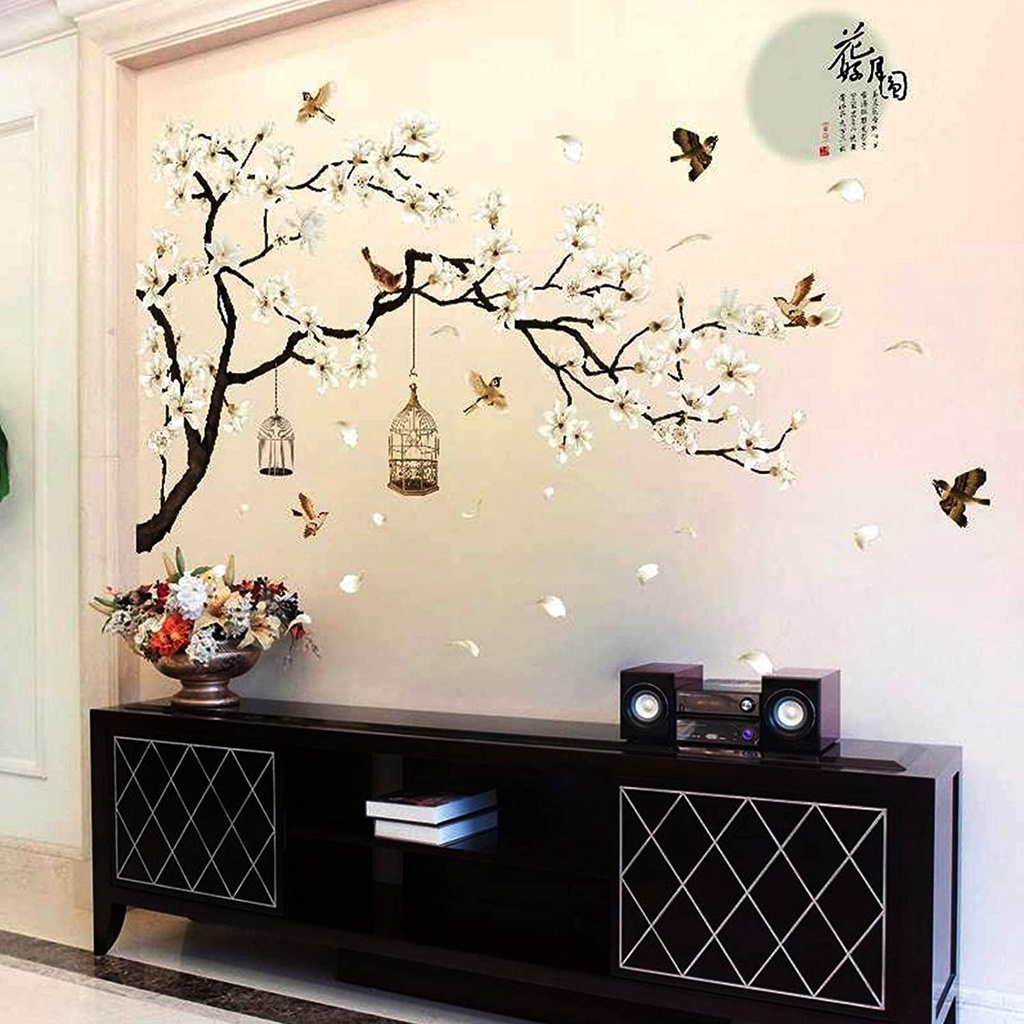 Đề Can Dán Tường Họa Tiết Hoa Trắng Phong Cách Trung Hoa Độc Đáo Trang Trí Nhà Cửa