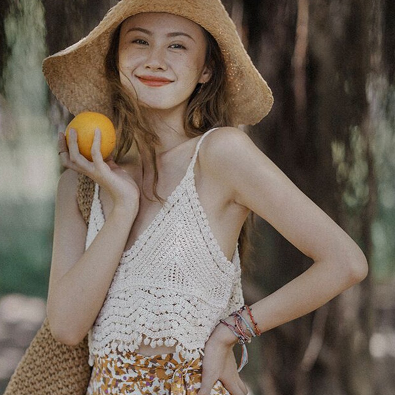 Áo Croptop Dệt Kim Không Tay Cổ Chữ V Hở Lưng Gợn Sóng Phối Tua Rua Thời Trang Đi Biển Cho Nữ