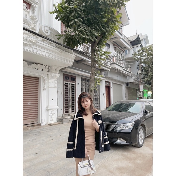 Áo khoác dạ len lông thỏ viền thừng