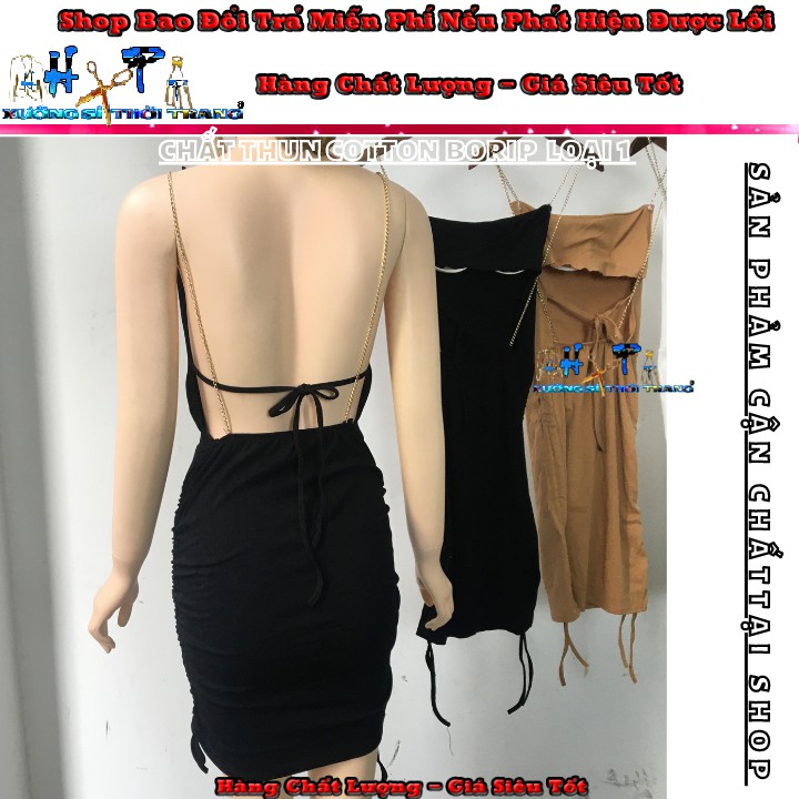 Váy đầm nữ 2 dây hở lưng dây xích vàng rút eo ôm body chất thun cotton màu đen dự tiệc thời trang sexy-VD16 | BigBuy360 - bigbuy360.vn