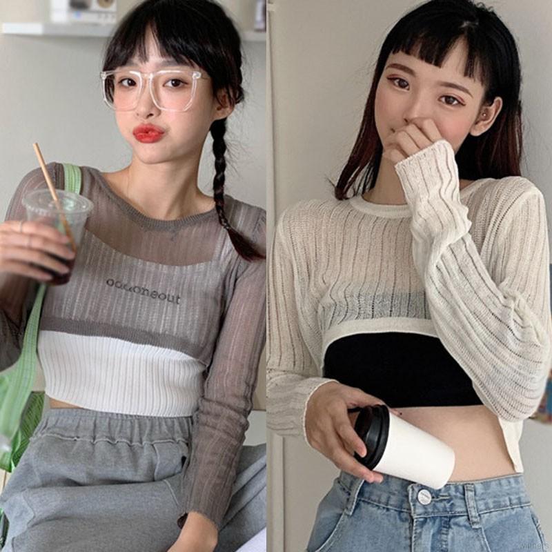 Áo thun tay dài dáng rộng thiết kế xuyên thấu mỏng chống nắng cho nữ