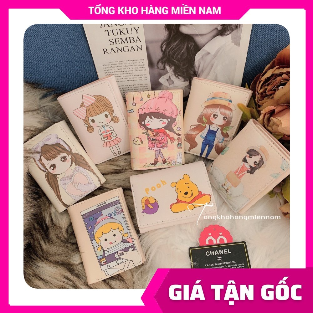 Ví ngắn nữ chất da mềm mịn in hình Hoạt hình Chibi Doremon Kitty dễ thương Ví mini V10