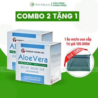 Combo 2 hộp Đẹp da, nhuận tràng, thải độc ALOE VERA  Sữa Ong chúa hộp 100 viên tặng áo mưa dù cao cấp Medibeauty
