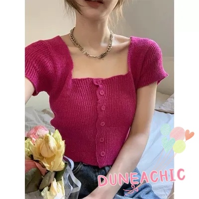 DUNEA Áo Dệt Kim Nữ Cổ Vuông Cài Nút Màu Trơn