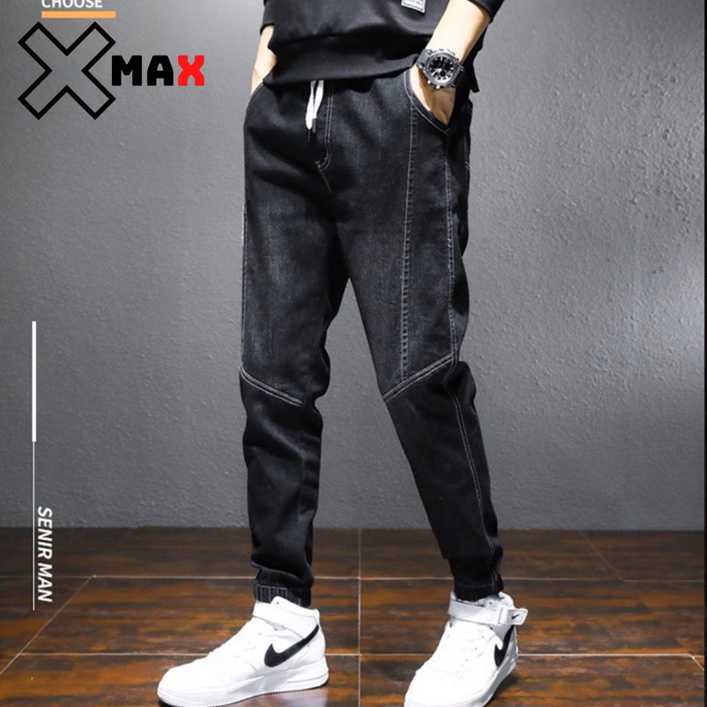 Quần jean nam dáng jogger co giãn 4 chiều bo gấu phá cách cực đẹp, Quần bò nam cạp chun Hottrend hàn quốc Xmax B051