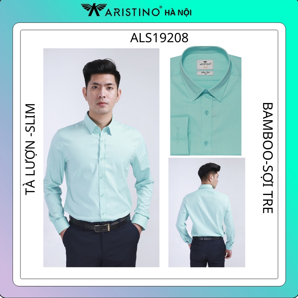 Áo sơ mi nam dài tay Aristino xanh ngọc. sợi tre thấm hút, from slim, tà lượn ALS19208
