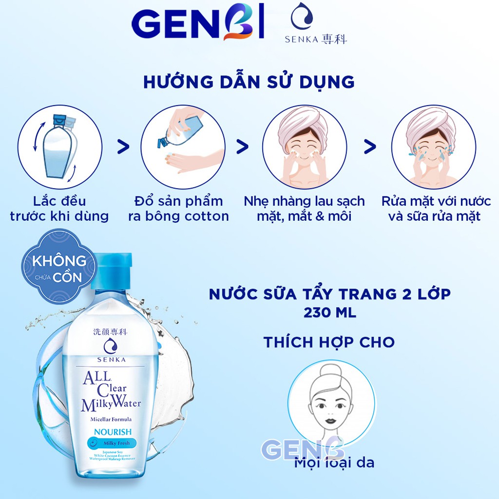 [HÀNG MỚI VỀ]Nước Sữa Tẩy Trang SENKA 230ml KHÔNG CỒN ALL CLEAN MILKY WATER - Tẩy Trang Điểm Da Nhờn Mụn - Mỹ phẩm GENB