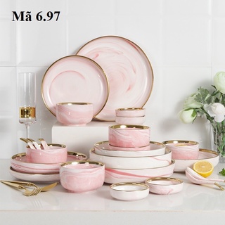 Bộ bát đĩa 26 món vân mây hồng viền vàng, tô sứ cao cấp, phụ kiện bàn ăn: 6.97