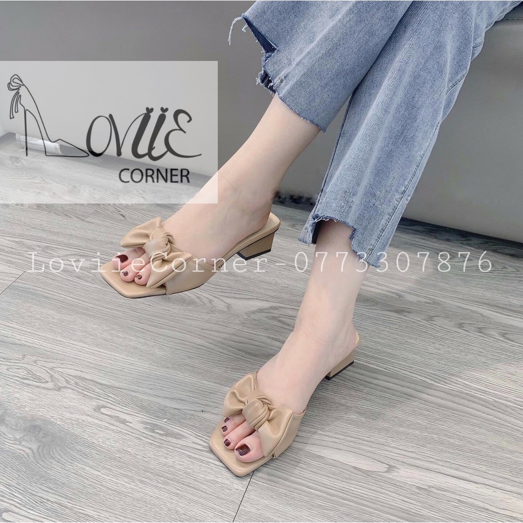 DÉP CAO GÓT LOVIIECORNER GUỐC NƠ ĐẾ VUÔNG 3 PHÂN ĐẾ VUÔNG DA MỀM VINTAGE D210397