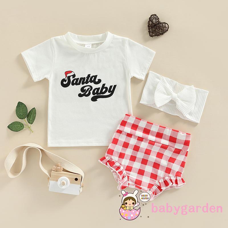 Bộ Áo Thun Tay Ngắn In Chữ + Quần Short Caro + Băng Đô Thời Trang Dành Cho Bé Gái 0-24 Tháng Tuổi