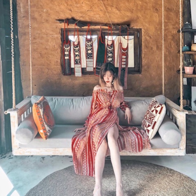 | HÀNG SẴN | Váy thổ cẩm boho vintage maxi đỏ dài