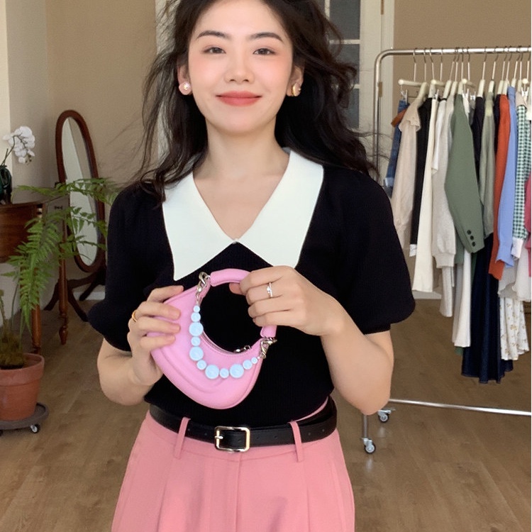 SUXI Áo Croptop Dệt Kim Mỏng Tay Ngắn Cổ Chữ V Dáng Ôm Thời Trang Mùa Hè Cho Nữ