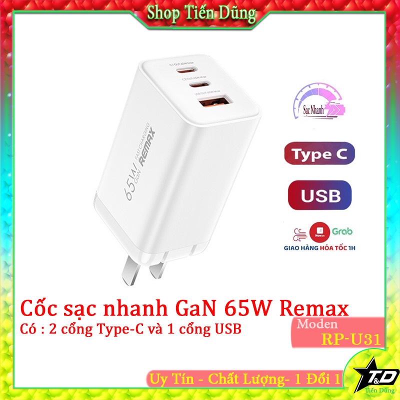 Củ sạc nhanh 65w GaN pro Remax RP U31 hỗ trợ sạc nhanh 65w cho Smart phone laptop có 2 cổng Type-C và 1 cổng USB