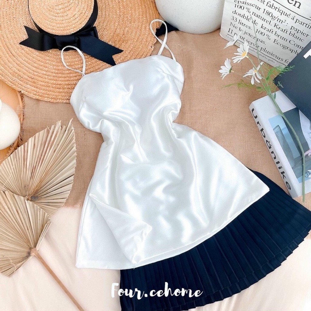 Set áo 2 dây hở lưng xẻ hông + chân váy xếp ly đen, trắng