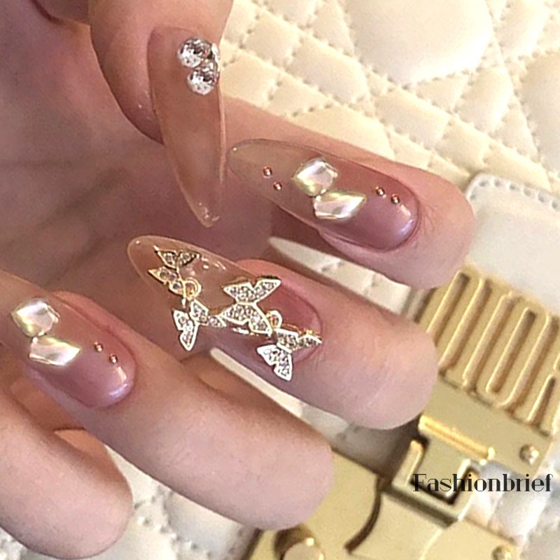 [Hàng mới về] Bộ 24 Móng Tay Giả Loại Dán Màu Thạch Gạo Trang Trí Hình Bướm Vàng Đồng Có Thể Tháo Rời Được