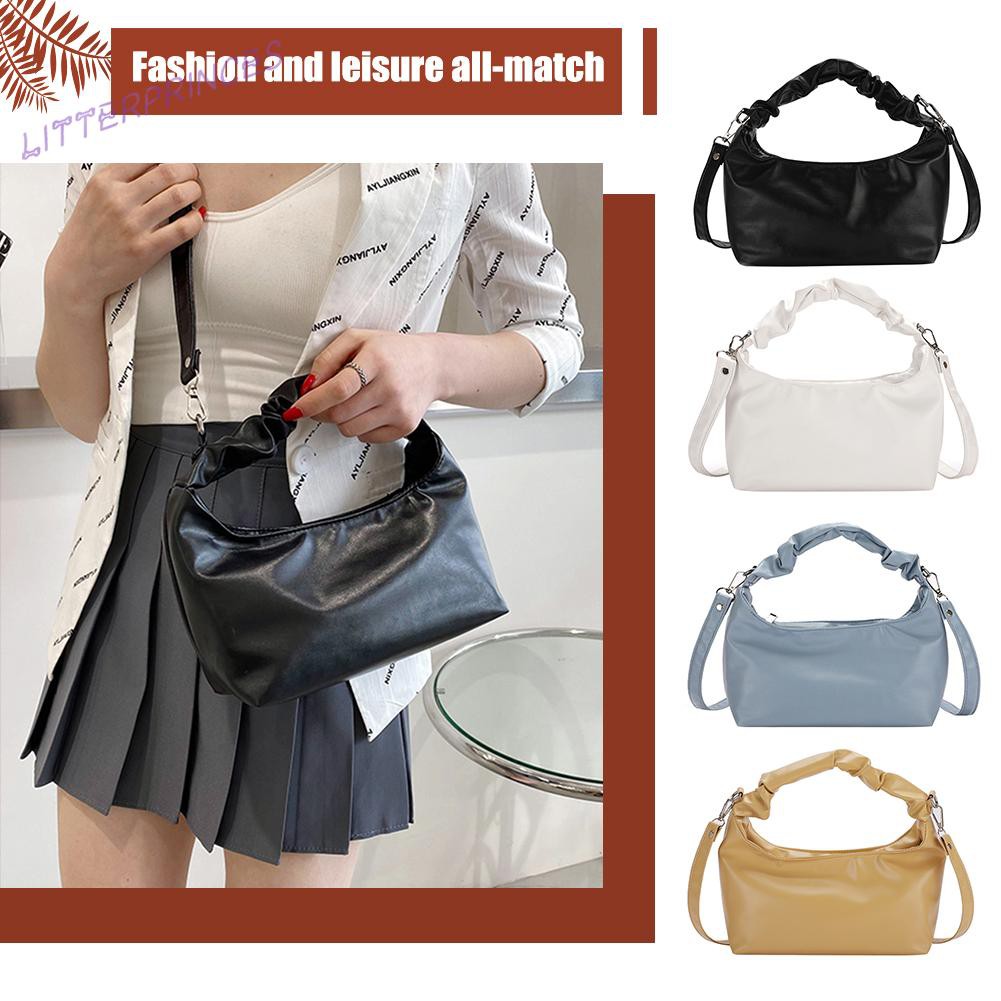 Litterprinces Vintage Women Pure Color PU Leather Shoulder Crossbody Bag Pleated Handbags