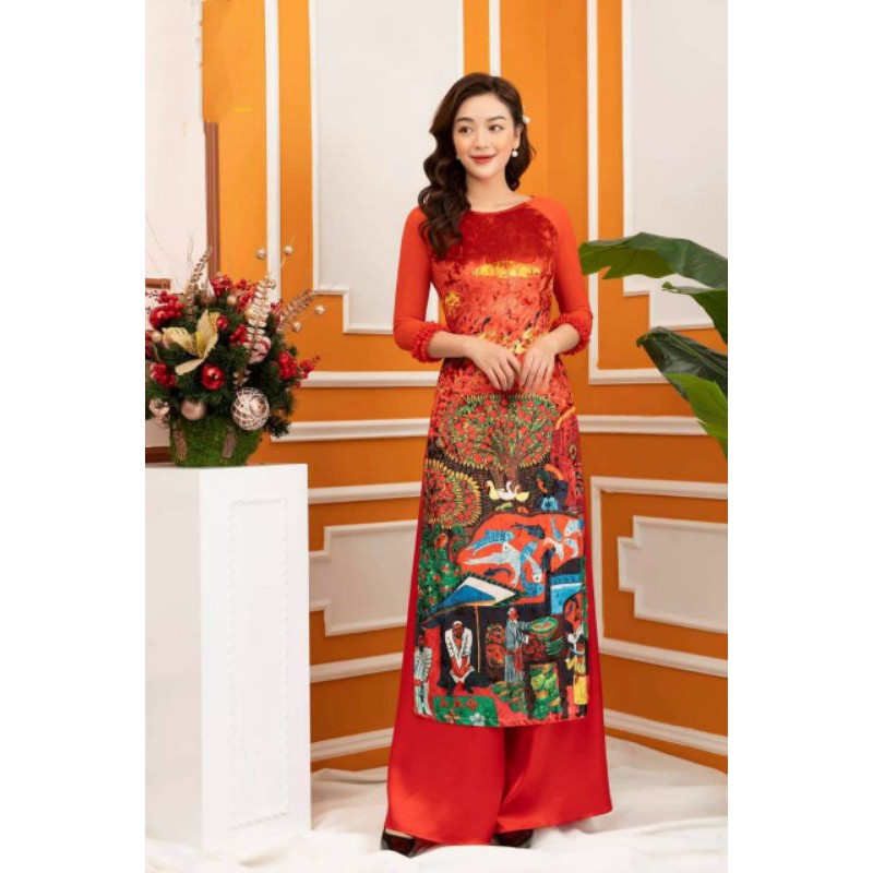 Áo Dài Nhung Nhám In 3D⚡Freeship⚡Hàng Chất Lượng Cao