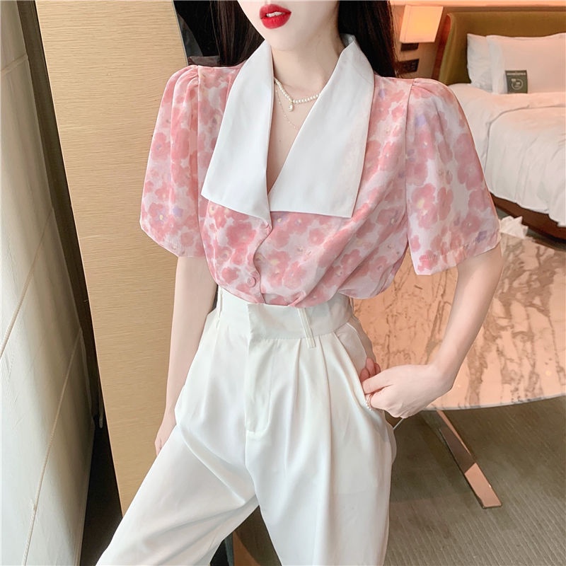 Áo Sơ Mi Chiffon Tay Phồng In Hoa Thời Trang Mùa Hè Hàng Mới Dành Cho Bạn Nữ
