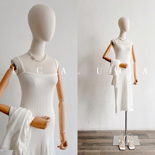 Váy set len trắng: váy 2 dây dáng dài, cardigan mỏng tay dài cùng màu