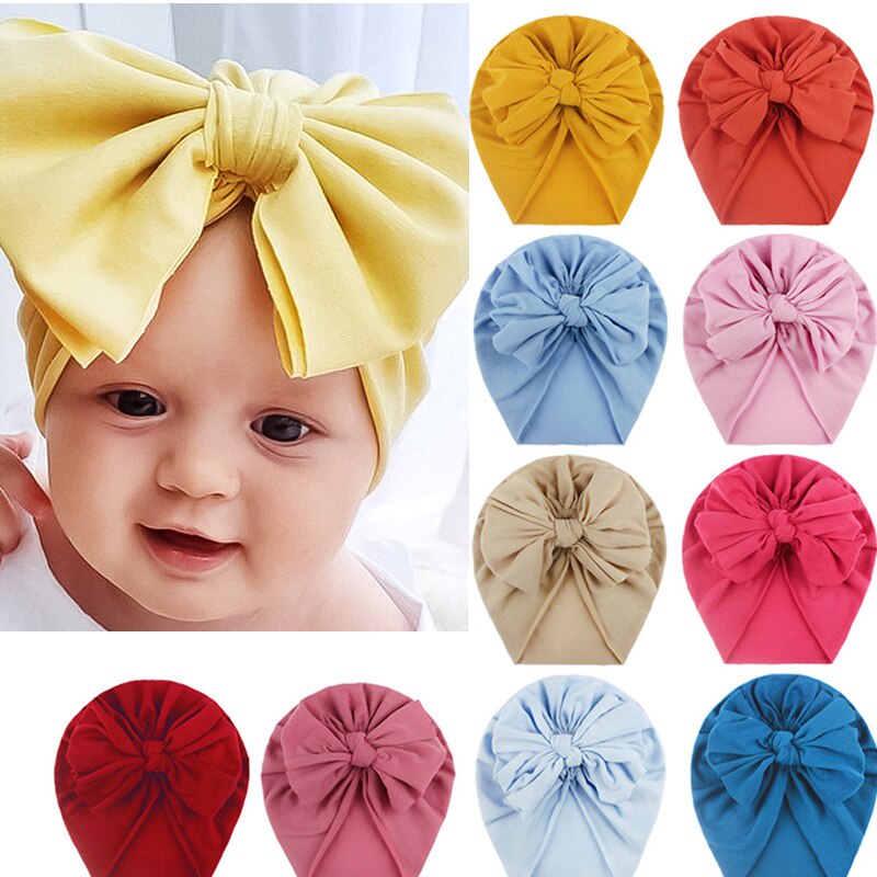 Mũ Beanie Mềm Thắt Nơ Màu Trơn Cho Bé Gái
