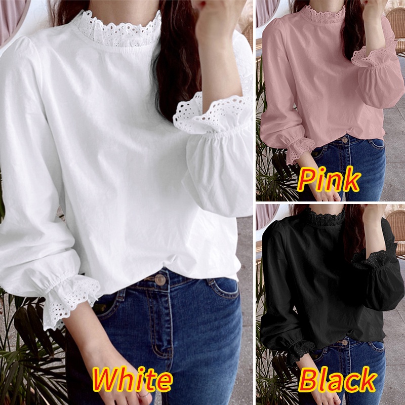 Áo kiểu Zanzea tay dài cổ đứng phối ren phong cách Hàn Quốc thời trang cho nữ