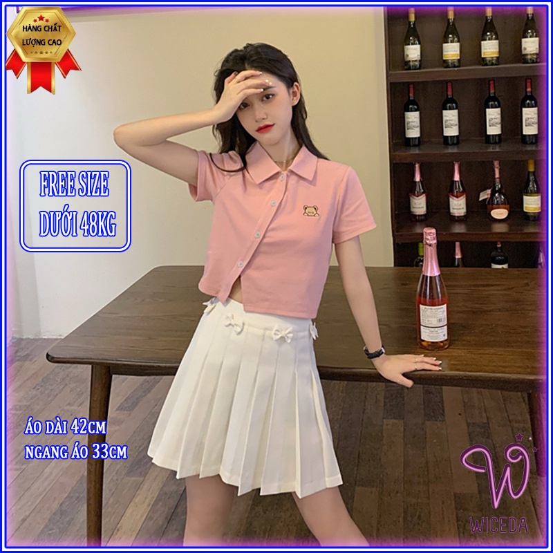 Áo croptop nữ polo tay ngắn vạt chéo có cổ,áo kiểu chất cotton mềm mịn cúc thật 4 màu đen trắng ghi hồng nhạt Wiceda AP4 | BigBuy360 - bigbuy360.vn