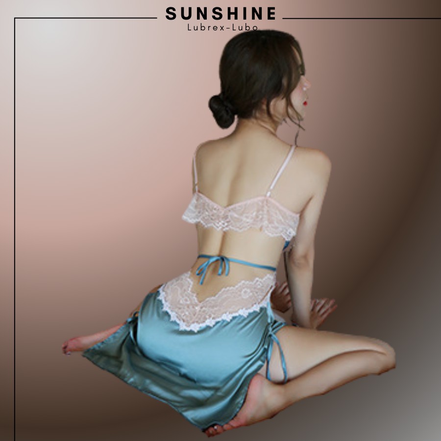 Váy Ngủ Lụa Phối Ren Mỏng Thiết Kế Dây Lưng Sexy Gợi Cảm Màu Xanh Sunshine Lubrexlubo VL1050