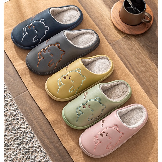 Dép Cotton Đi Trong Nhà Đế Dày Chống Trượt Họa Tiết Gấu Hoạt Hình Cho Nam Và Nữ