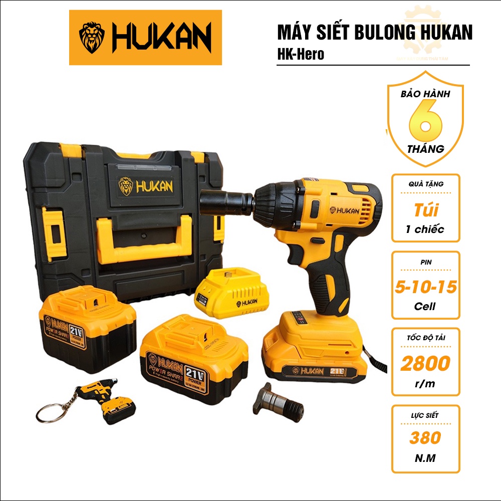 Máy Siết Bulong HUKAN HK-Hero Lực Siết 380Nm, 3 Cấp Tốc Độ, Đầu Khẩu 22cm Kèm 3 Pin