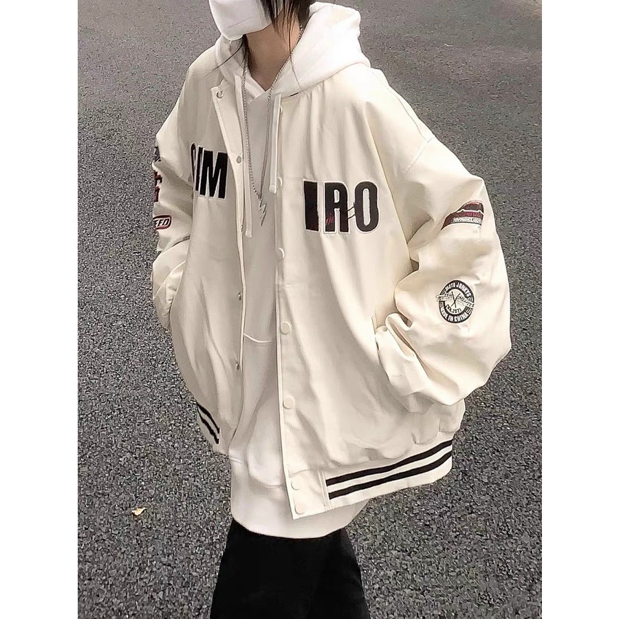 Khoác Bomber Phối Thân GAMIRO Kẻ Viền Nam Nữ Unisex Dáng Rộng Tay Bồng Cúc Bấm