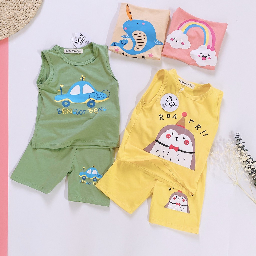 Bộ Ba Lỗ Cotton Hàng Minky Mom In Họa Tiết Ô Tô, Chim Cánh Cụt Đáng Yêu Cho Bé 8-18kg