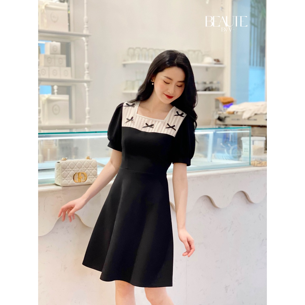 BEAUTEBYV - Váy nữ phối vải tơ trắng đính nơ Zamy