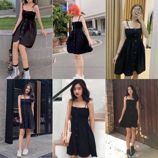 Đầm Xinh Hai Dây màu đen có bo chun co giãn quanh ngực