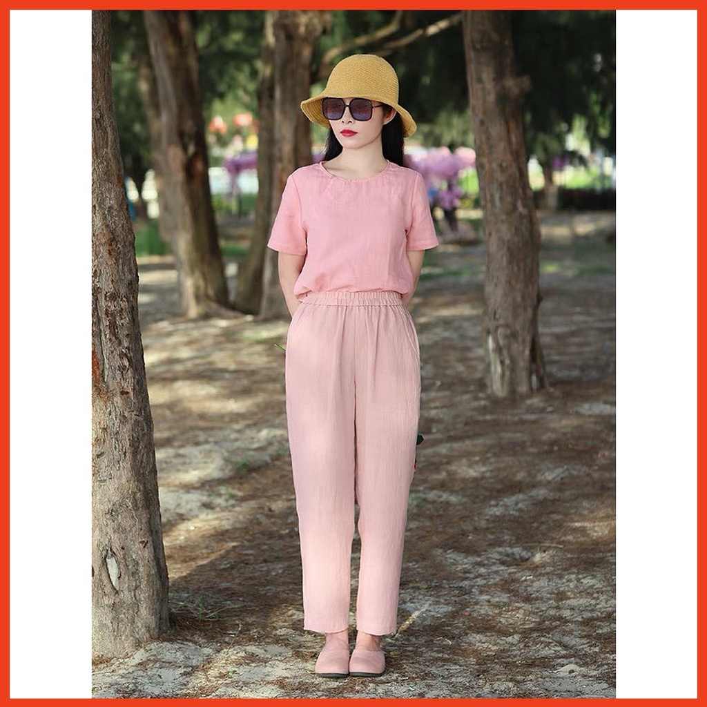 Bộ Đồ Lẻ Nữ Cổ Cài Khuy Ngắn Tay, Quần Ống Suông Dáng Dài Chất Liệu Linen Mềm Mịn Thấm Mồ Hôi