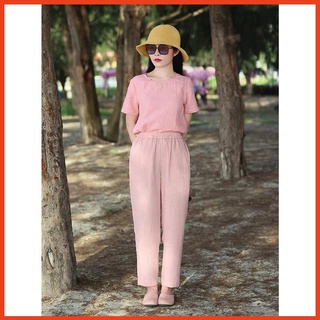 Bộ Đồ Lẻ Nữ Cổ Cài Khuy Ngắn Tay, Quần Ống Suông Dáng Dài Chất Liệu Linen Mềm Mịn Thấm Mồ Hôi