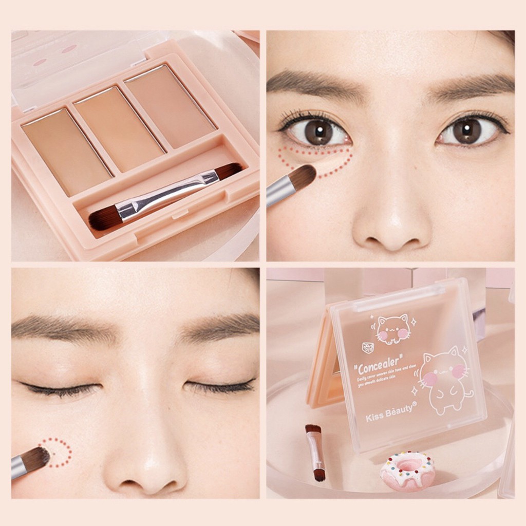 Bảng che khuyết điểm 3 màu kèm cọ KISS BEAUTY Concealer KISS10 | BigBuy360 - bigbuy360.vn