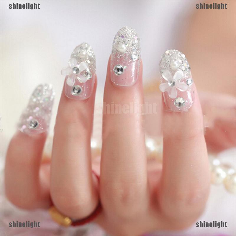 (Hàng Mới Về) Bộ Móng Tay Giả Đính Hạt 3D Màu Trắng Đáng Yêu
