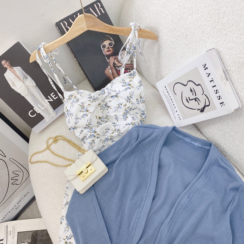 SET ĐẦM MIDI NHÍU NGỰC XẺ HOA KHOÁC XANH