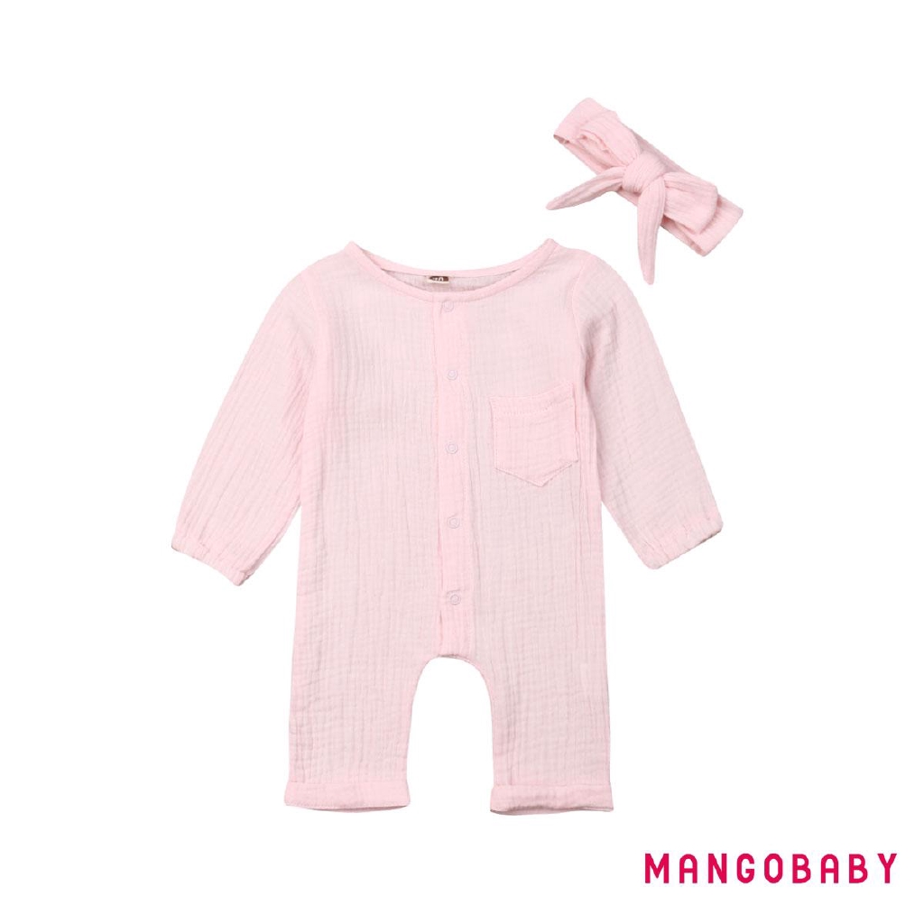 Bộ Áo Liền Quần Cotton Tay Dài Màu Trơn Cho Bé Gái Sơ Sinh