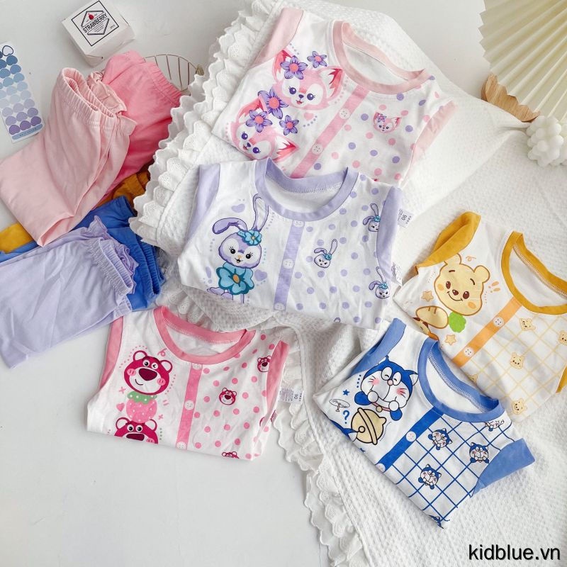 Bộ Đồ Ngủ Tay Dài Vải Cotton Phối Nút In Hoạt Hình Dễ Thương Cho Bé