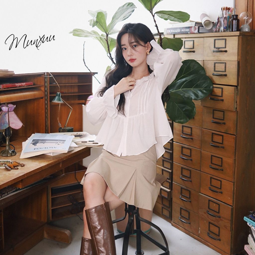 Áo sơ mi trắng nữ cổ bèo tay phồng Munxuu nhẹ nhàng thanh lịch, thời trang Ulzzang Hàn Quốc - SP48