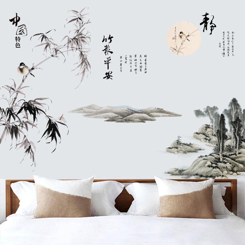 Tranh kép dán tường phong cảnh và thư pháp TRÚC BÁO BÌNH AN kích thước 175x110cm