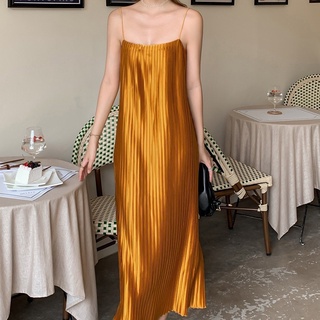 [ ORDER ] Đầm dây dài lụa satin ánh kim xếp ly