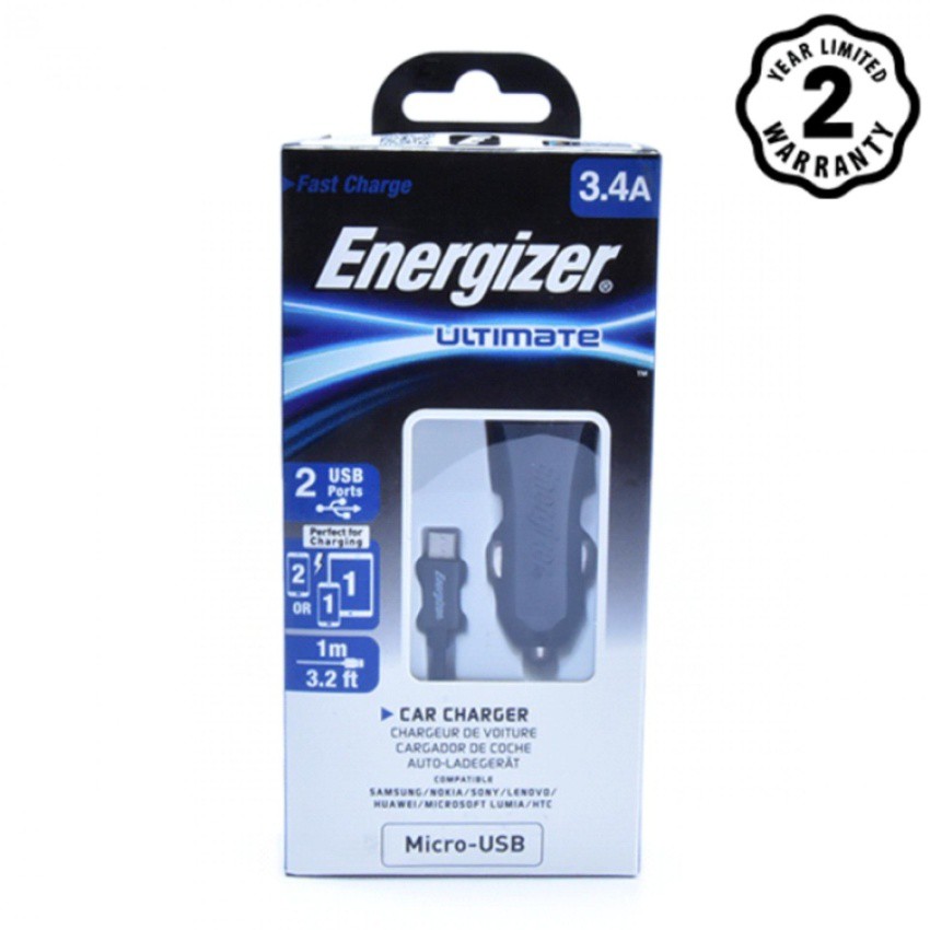 Sạc Ô tô Energizer UL 2 cổng USB 3.4A + 1 Cáp Micro-USB dài 1m-DCA2CUMC3 cho xe hơi (Đen)