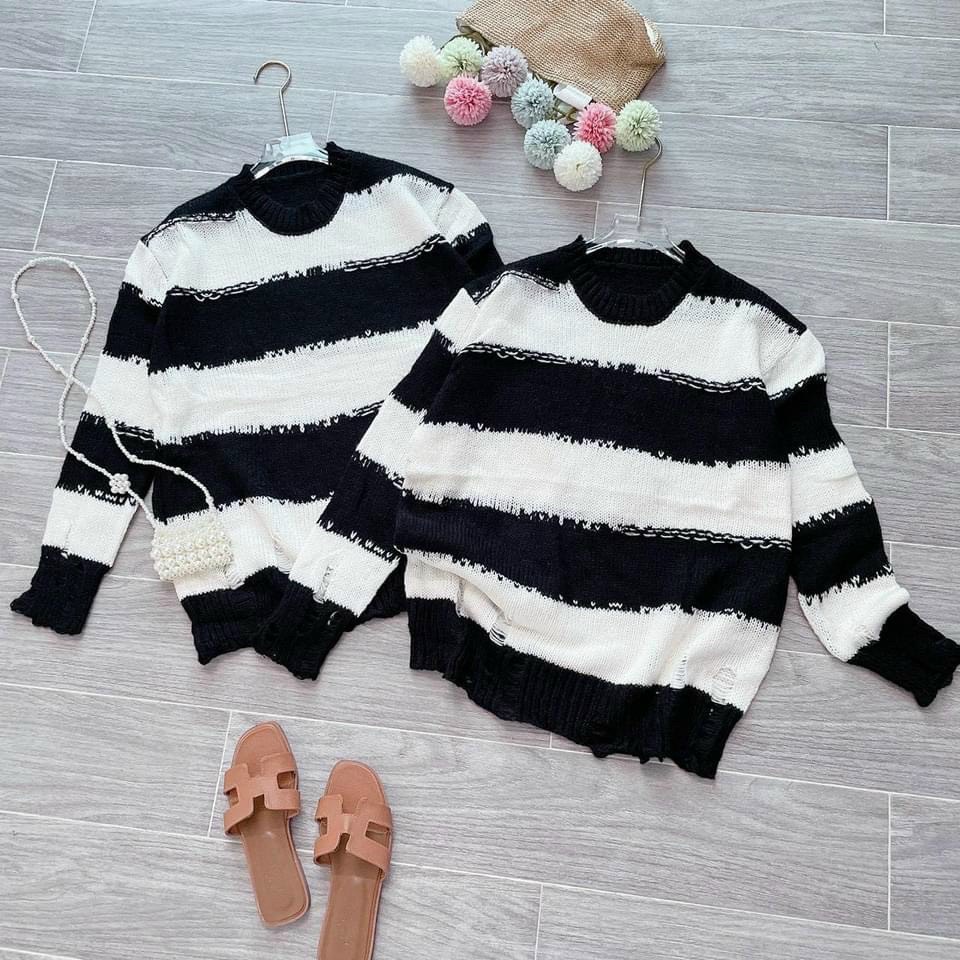 Shynstores Áo len nữ rách kiểu đen trắng cổ tròn dài tay form thụng vải dệt kim