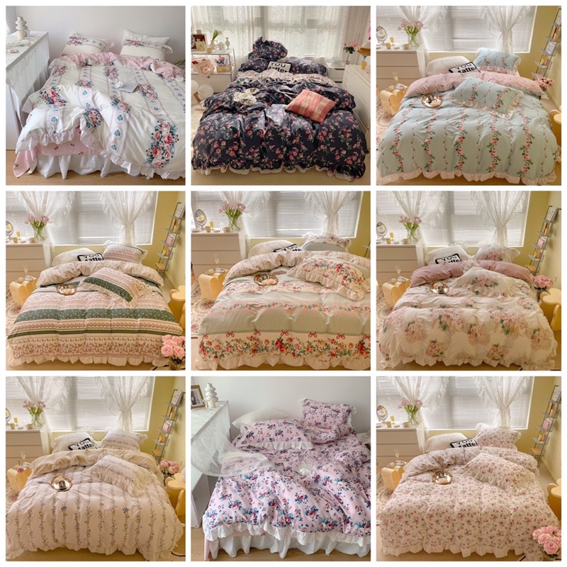 Bộ chăn ga cotton bèo ren nhập khẩu cao cấp cổ điển Châu âu