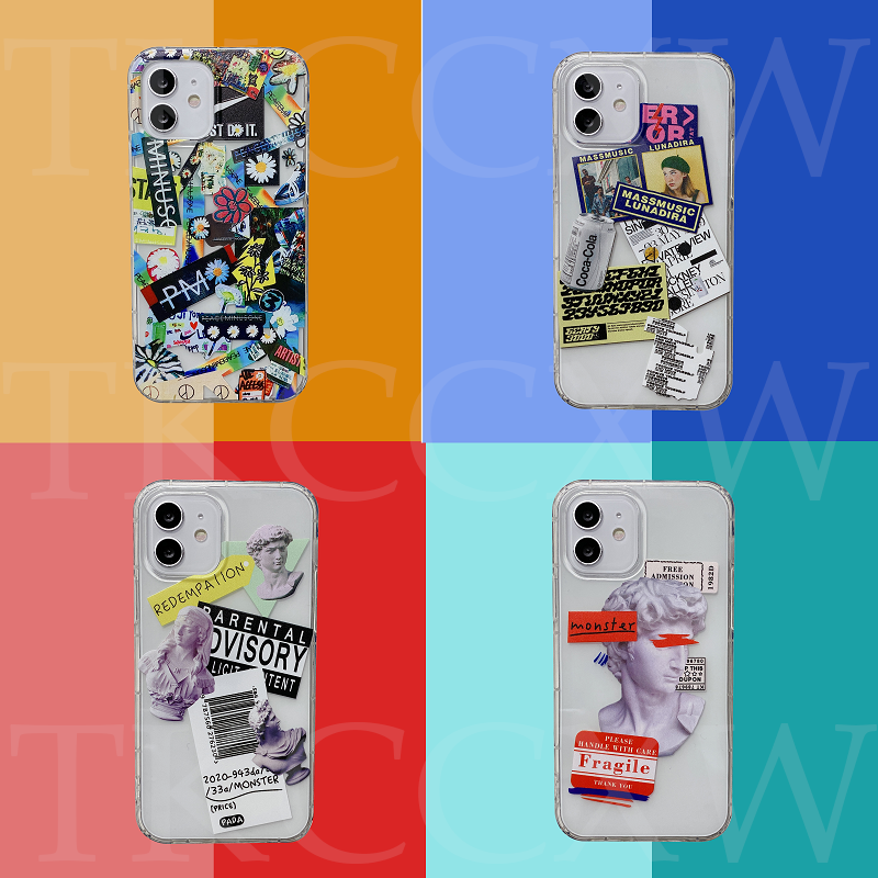 Samsung A71 A51 4G Note10 S10 Lite A50 A50S A30S A7 2018 Soft Transparent Case Street Fashion Label Trend Sticker David Art Cartoon Protective Slim Phone Casing Cover